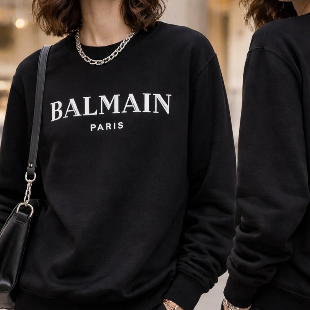 Balmain Graphic Print Crew Neck Sweatshirt Size: L